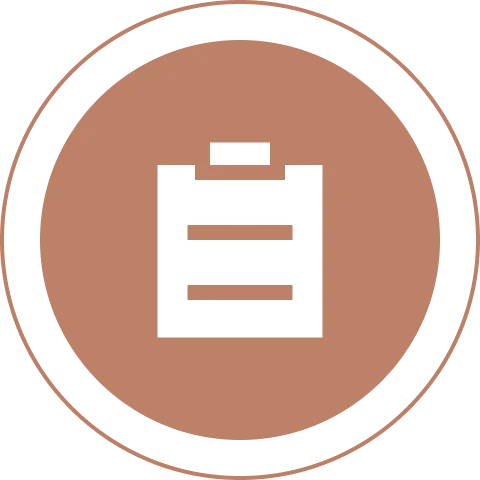 3 White clipboard icon on brown circular background.