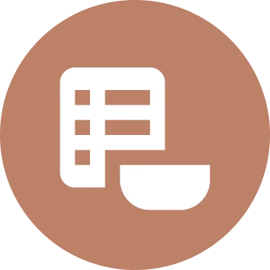 Group 1321315003 (1) White bowl and list icon on brown.