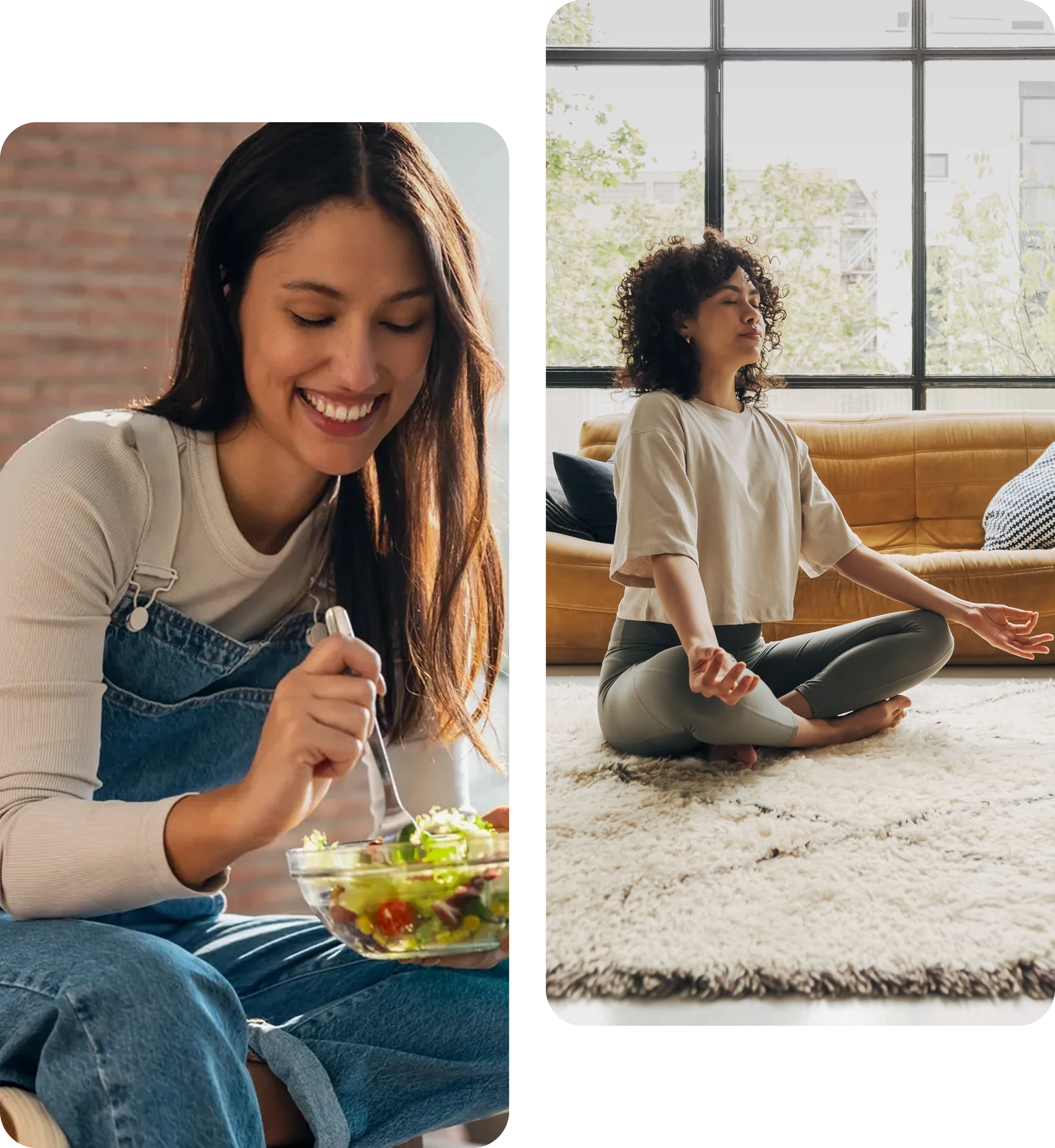 Group 1321317283 (1) Women eating salad and meditating at home.