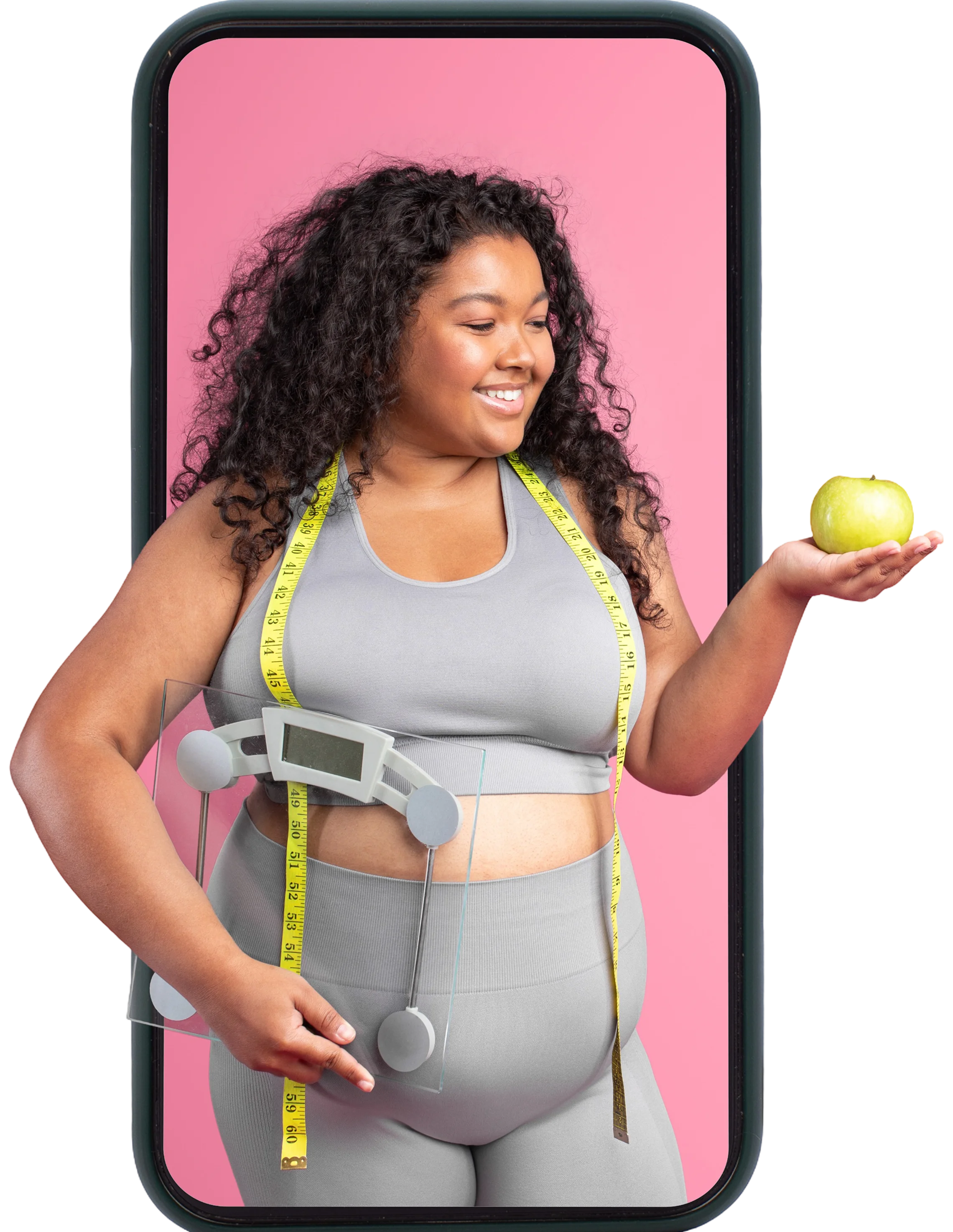 Rectangle 1167 Woman with apple, measuring tape, and device.